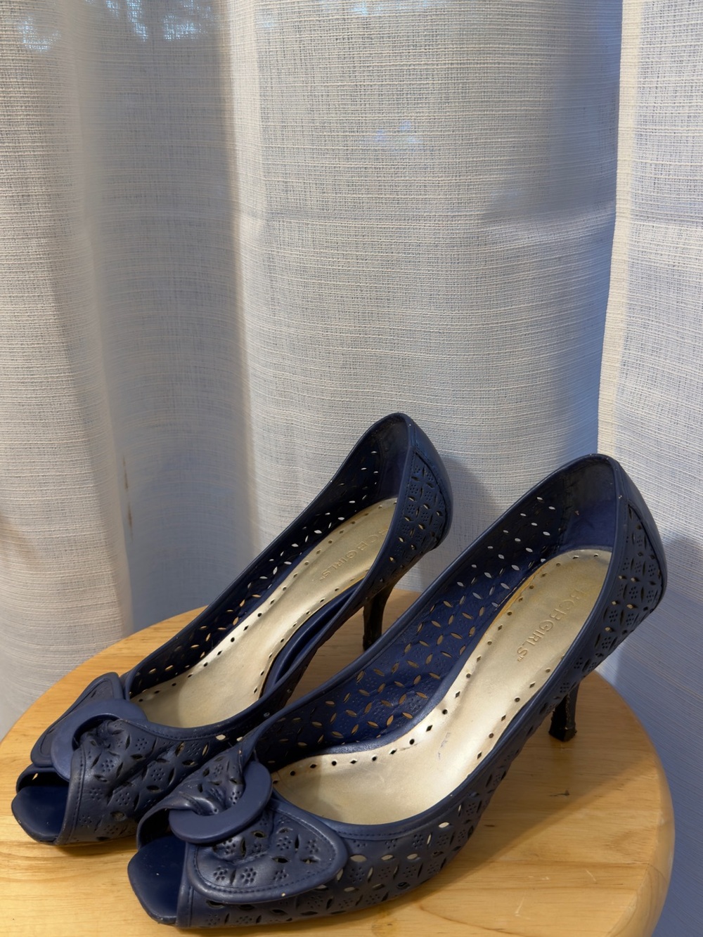 Women's Navy Peep-Toe Laser-Cut Heels